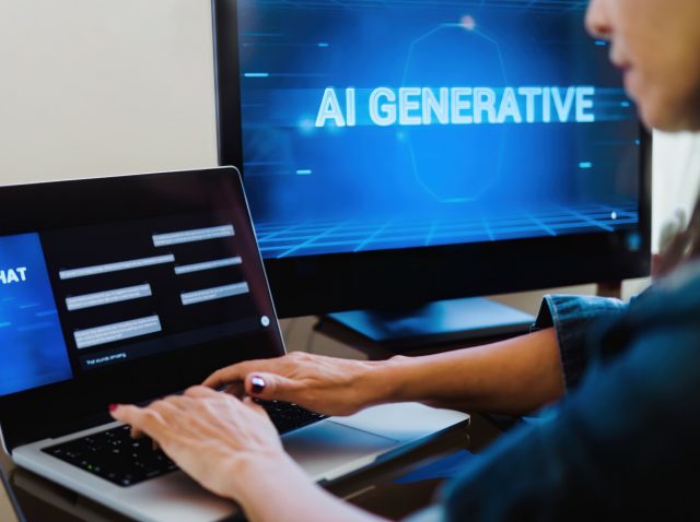 AI generative app. Woman chatting with Artificial Intelligence software in computer laptop. Technology trends