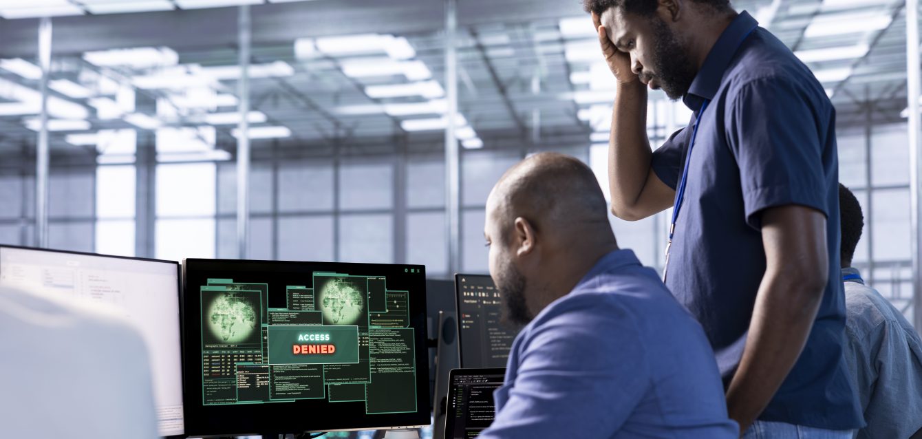 Upset coworkers in data center getting access denied, doing face palm gesture