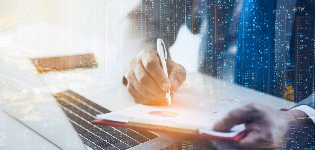 business approved stamp, permit document and certificate concept, double exposure with city at night