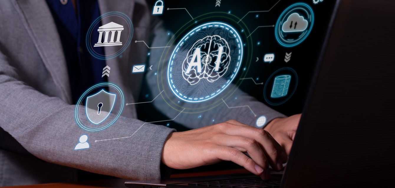 A man interacts with artificial intelligence to optimize and automate computing, security, backup, cloud and data transfer processes. A man interacts with artificial intelligence to optimize and automate computing, security, backup, cloud and data transfer processes.