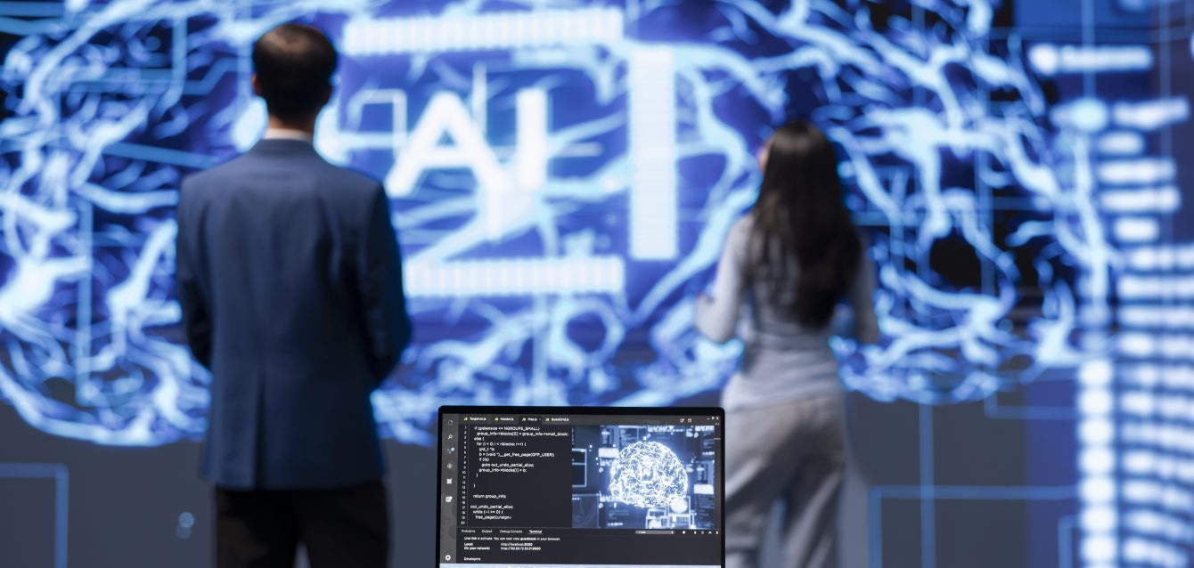 IT engineers using artificial intelligence augmented reality hologram