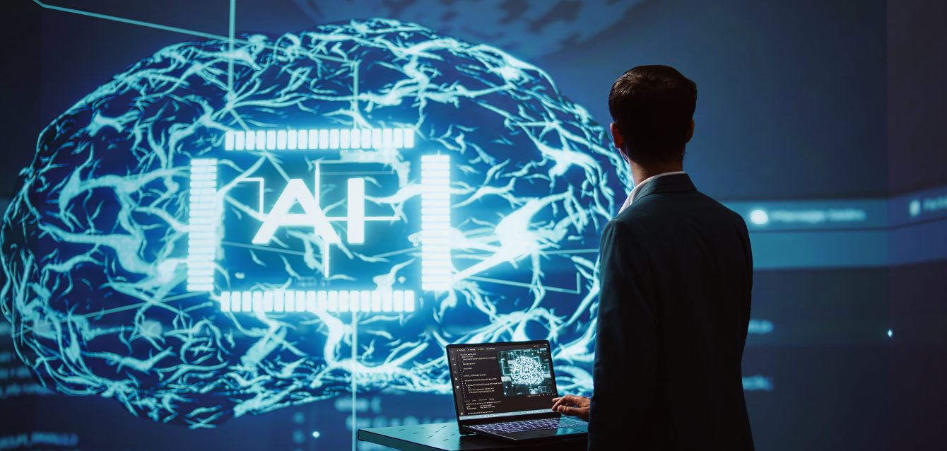 AI researcher in futuristic workspace using artificial intelligence AI researcher in futuristic workspace using artificial intelligence