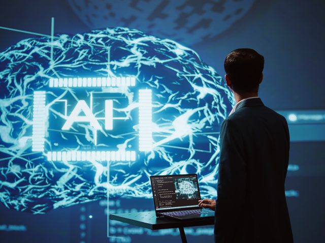 AI researcher in futuristic workspace using artificial intelligence