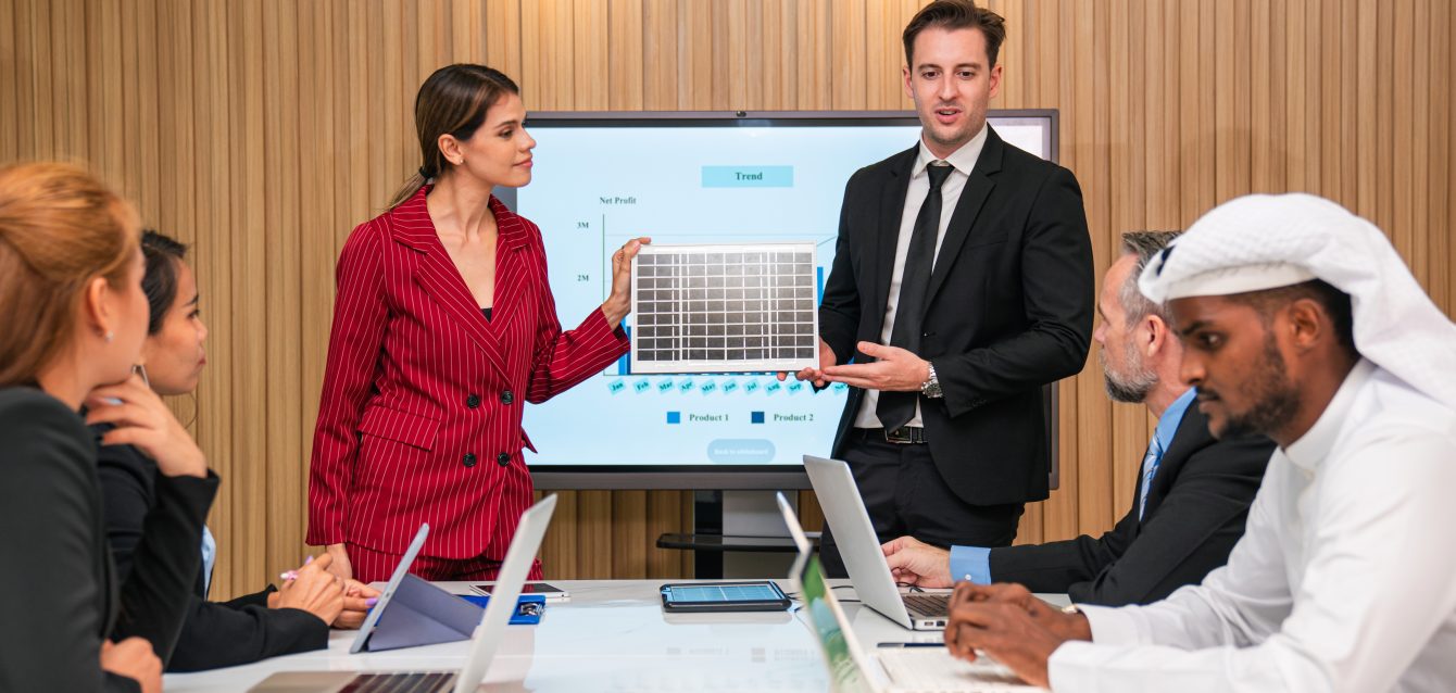 Business person meeting on solar cell panel technology. Business person meeting on solar cell panel technology.