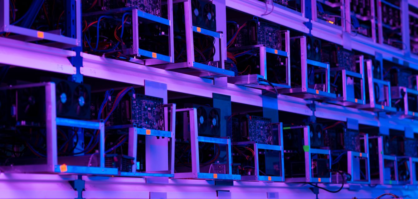 ethereum mining farm under purple light