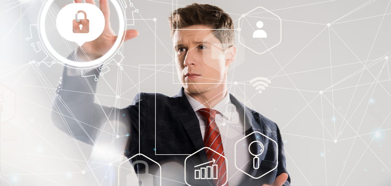 handsome businessman in suit pointing with hands at internet security illustration in front handsome businessman in suit pointing with hands at internet security illustration in front